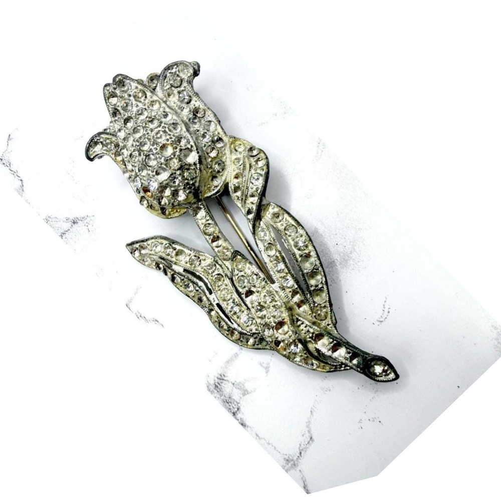 Vintage‎ Large Rhinestone Rose Flower Brooch 3.5" Silver Tone Repair Craft As Is